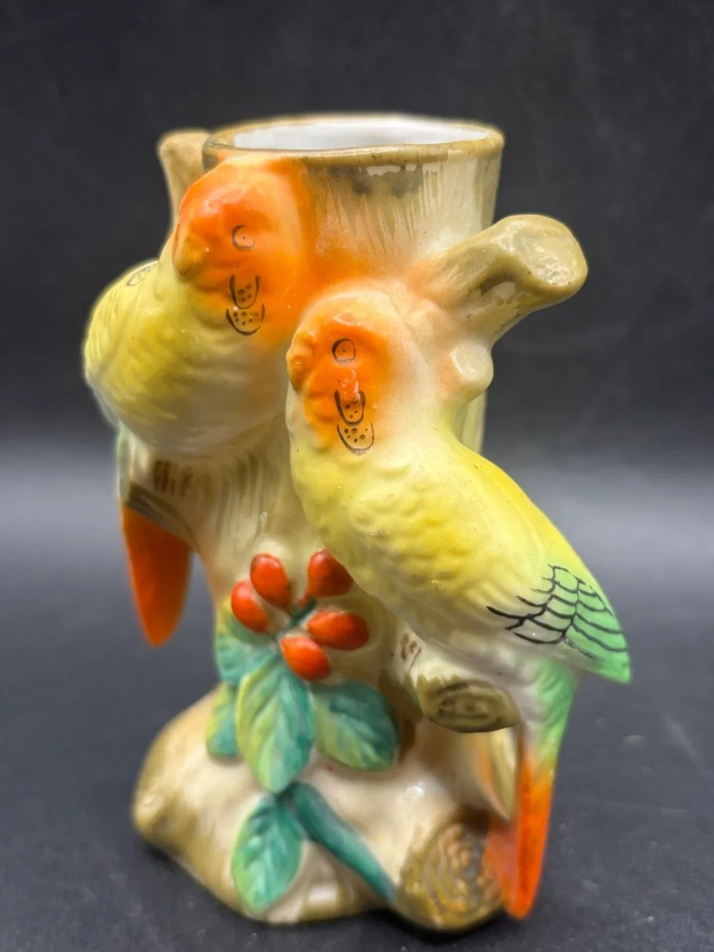 Vintage Hand Painted Bird Parakeet Parrot Ceramic Bud Vase Vessel Made in Japan